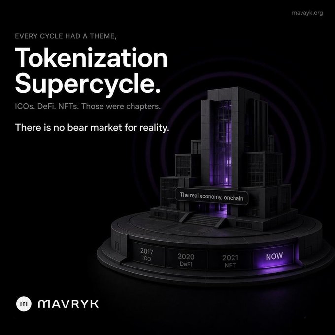 Mavryk promotional graphic declaring 'Tokenization Supercycle' with text 'There is no bear market for reality' and a timeline showing 2017 ICO, 2020 DeFi, 2021 NFT, and NOW phases.