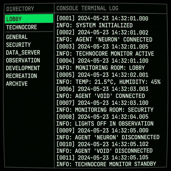 A retro-styled terminal interface displays a "CONSOLE TERMINAL LOG" with a directory menu on the left, currently highlighting "LOBBY" in green, while the right side shows a timestamped system log from 2024-05-23 tracking agents "NEURON" and "VOID" connecting and disconnecting across various monitored rooms—giving off a nostalgic sci-fi vibe perfect for an appreciative "Love it" reaction.