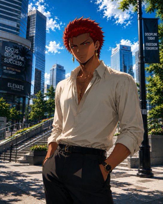 An anime-style illustration of a man with spiky red hair wearing an unbuttoned white shirt and gold cross necklace, standing in an urban setting with banners reading 'FOCUS DISCIPLINE SUCCESS' and 'DISCIPLINE TODAY FREEDOM TOMORROW'.