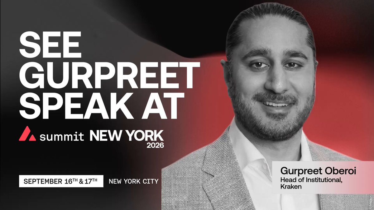 The image features a man wearing a suit and tie standing against a red background with white text that reads "see Gurpreet speak at Summit New York 2026". The man appears to be smiling, indicating he is happy or excited about speaking at the event. The image also includes the names of two people who are likely attending the event: Gurpreet Oberoi and @krakenfx.