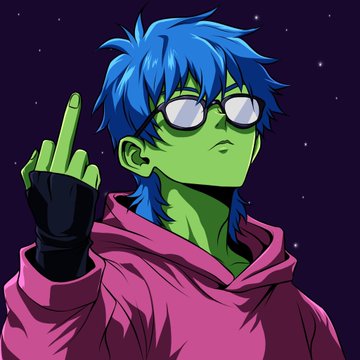 A stylized illustration of a green-skinned character with spiky blue hair and round glasses, wearing a pink hoodie and giving a middle finger gesture against a starry night sky.