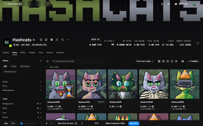 A screenshot of the OpenSea NFT marketplace page for the "Hashcats" collection, displaying 398 items priced at $226.42 (0.089 ETH floor) with 12% listed and 4% unique owners. The post appears to promote a high-spec PC mining activity at 200U each through the hashcats.fun platform, linking to this collection's OpenSea page.