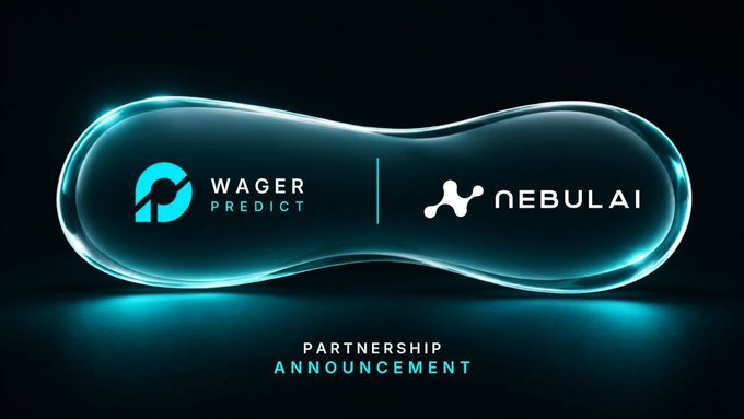 A glowing, capsule-shaped banner displays the logos of "Wager Predict" and "Nebulai" side by side, with "Partnership Announcement" centered below, visually representing the collaboration between the on-chain prediction market protocol and the Nebulai ecosystem.
