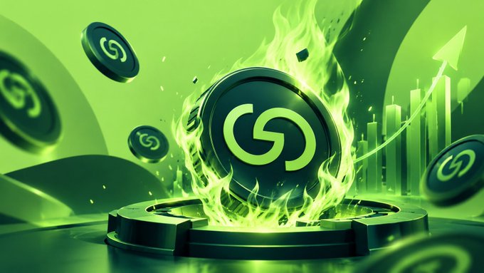 A vivid green stylized crypto illustration shows a large token emblem surrounded by flames, smaller matching coins, an upward chart, and a rising arrow.