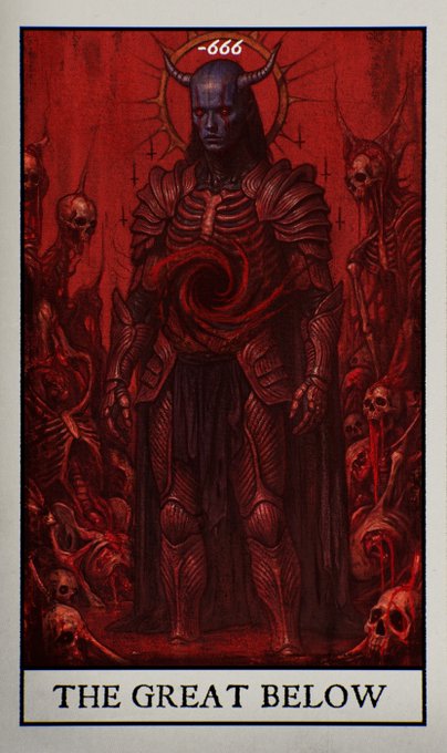 A dark red tarot-style card labeled "THE GREAT BELOW" depicting a horned armored figure holding a dark swirling orb, surrounded by skulls, with "-666" written at the top.