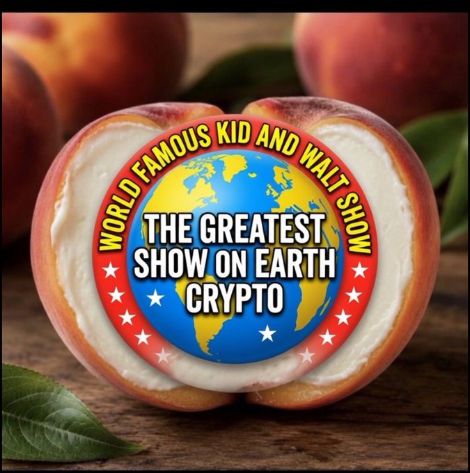 The image shows a peach cut open to reveal a logo resembling the "Greatest Show on Earth" circus emblem, featuring a globe with the text "WORLD FAMOUS KID AND WALT SHOW" and "THE GREATEST SHOW ON EARTH CRYPTO." The visual plays on the vulgar slang association of peaches with the promoted @usedvaginacoin, humorously tying the fruit imagery to the "gently used" coin referenced in the partnership announcement with @K1d_Crypt0 and @K1dandWalt.