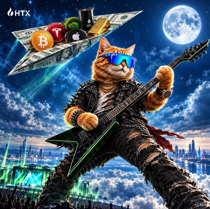 A rockstar cat wearing sunglasses and a studded leather jacket shreds an electric guitar above a concert crowd and city skyline, with a paper airplane filled with Bitcoin, Ethereum, Tron, Apple, oil, and gold coins flying past a full moon. The "GM, Volume Up, Vibes Way Up!" post matches the image's high-energy, bullish crypto-rock aesthetic, with the HTX logo in the corner reinforcing the trading platform's energetic morning greeting.