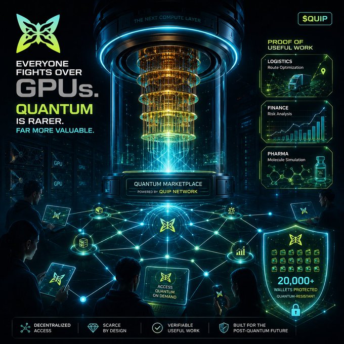 The image features an advertisement for a new technology called "Quantum Computing" that uses GPU power, which is rarer than traditional computing methods. The poster shows people using their smartphones while standing under a large machine with a blue and green color scheme. The text on the poster highlights the rarity of GPUs compared to Quantum computing and emphasizes the need for a more accessible and affordable solution in the field of AI.