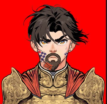 Digital illustration of a bearded man with dark hair wearing golden armor and a red cape, featuring star-spangled face markings on his cheeks against a red background.