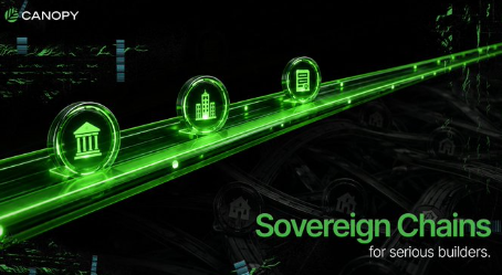 Canopy Network advertisement for 'Sovereign Chains' featuring glowing green blockchain building icons against a dark background.