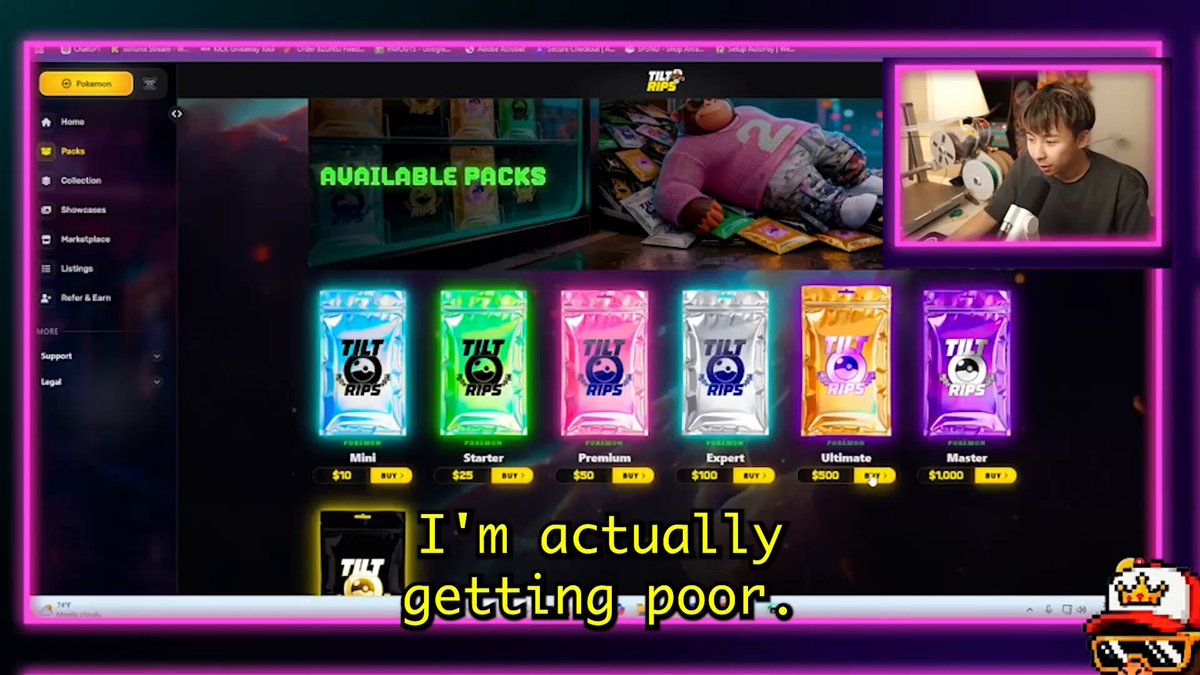 The image displays a computer screen showing several colorful bags of Zytqoz candies for sale, which are described as being a great deal or an available pack. There's also a person visible on the screen who seems to be playing a video game in a virtual reality headset. The caption at the bottom of the image states "SolLunix is carrying the degen entertainment sector on his back."