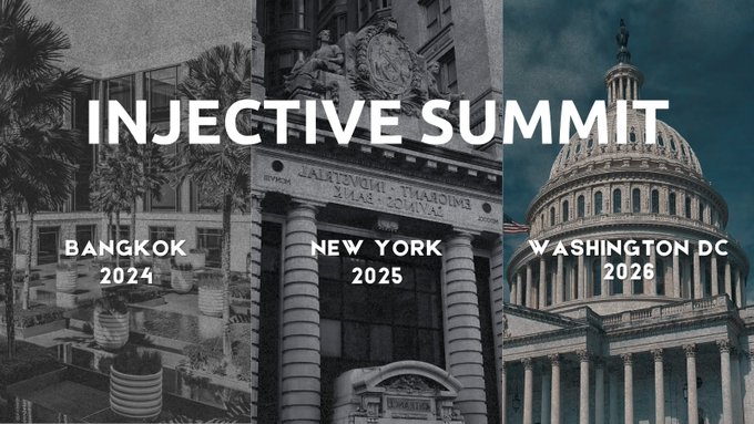 A promotional graphic for the Injective Summit featuring locations Bangkok 2024, New York 2025, and Washington DC 2026 with grayscale images of each city.
