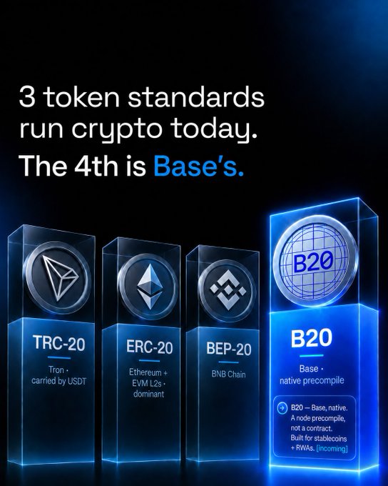 A promotional graphic for Base's upcoming B20 token standard, showing it alongside the three existing token standards that run crypto today: TRC-20 (Tron), ERC-20 (Ethereum + EVM L2s), and BEP-20 (BNB Chain). The image positions B20 as "Base · native precompile" built for stablecoins and RWAs, reinforcing the post's claim that Base is preparing to introduce this new token standard to compete with the dominant existing protocols.