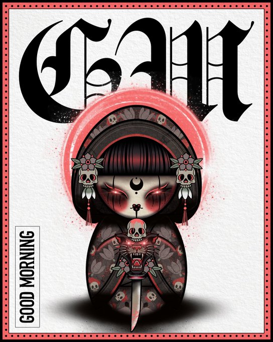 A stylized dark gothic illustration featuring a Japanese doll-like figure adorned with skulls, a crescent moon on its forehead, and holding a sword, with 'Chant' in blackletter font above and 'GOOD MORNING' written vertically on the left side.