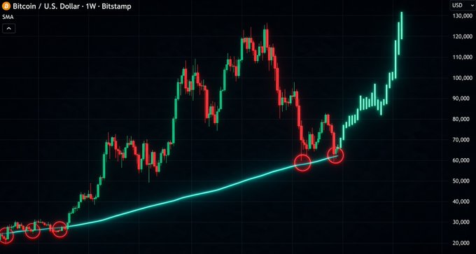 A Bitcoin/USD weekly Bitstamp chart shows BTC surging past $130,000 on a strong uptrend, with key support bounces circled at $20K, $60K, and $65K along a rising trendline, visually reinforcing the post's claim that the "biggest bull run ever" is underway.