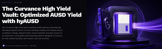 Header for an article titled 'The Curvance High Yield Vault: Optimized AUSD Yield with hyAUSD' dated July 15, 2024, featuring a purple safe graphic.
