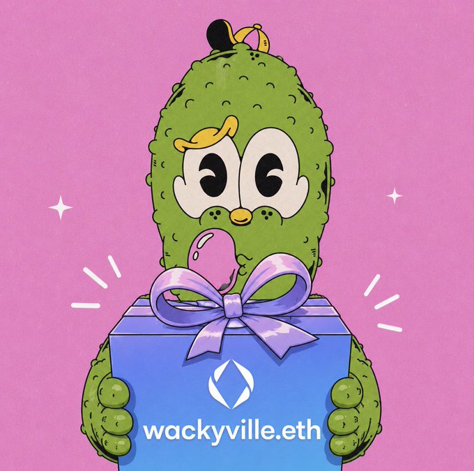 A cartoon illustration of a green pickle-like character holding a gift box with the text 'wackyville.eth' and an Ethereum logo.