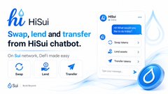 A promotional graphic for "HiSui," a chatbot that simplifies swapping, lending, and transferring tokens on the Sui Network through a chat interface, with visible menu options for Swap, Lend, and Transfer.
