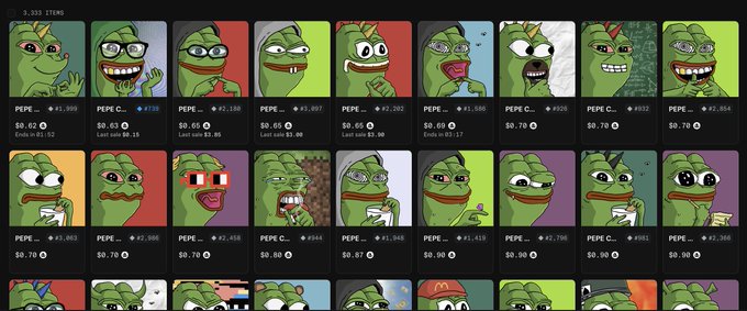 A marketplace interface displaying numerous NFT collectibles of the 'PEPE' frog meme character, with various prices and listing information.