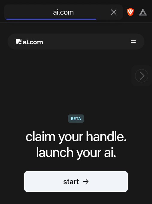 This image displays a dark-themed web browser screenshot showing the url 'ai.com', featuring a 'BETA' tag and the text 'claim your handle. launch your ai.' above a 'start' button.