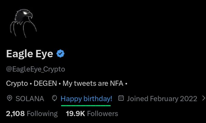 The image features a birthday message posted by an eagle eye user named @EagleEyeCypto. The message includes a photo of a bird and the words "Happy Birthday" written below it, along with a hashtag "#HappyBirthday". The post also mentions that the user wants to see #Buttcoin and #Troll to millions of dollars in the next 12 months.