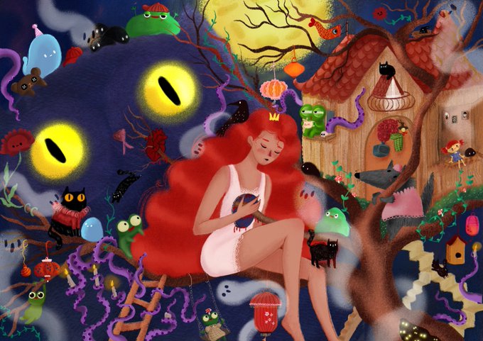 The image features a woman with red hair sitting under a tree, surrounded by various objects such as a cat, a birdhouse, and other animals like a dog and a frog. The background of the image is dark blue, which contrasts with the lighter colors in the foreground. There are also some text elements present in the image, including the words "Held by Yesterday" and "1/1".