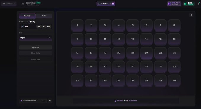 A digital "Terminal Keno" gambling interface on Solpump displays a 4x10 grid of numbers from 1-40 with a manual mode active, a 0.1 SOL bet amount, high risk selected, and a 5.9895 SOL balance—matching the post's call for six winning numbers from the 40 available on a degen afternoon keno betting session.
