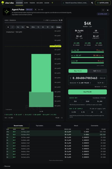 A screen capture of the AgentPulse (PULSE) token page on vibe.vibe, showing a market cap of $4K and a large green pump in the 1-minute price chart.