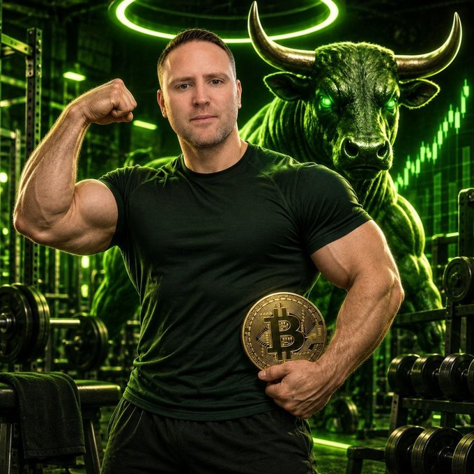 A muscular man flexes his bicep while holding a Bitcoin coin in a gym, with a green bull and an upward-trending chart in the background, symbolizing strength and bullish momentum in the crypto market. The image reinforces the post's defiant message of confidence in $BTC, encouraging holders to keep stacking sats despite regulatory uncertainty.