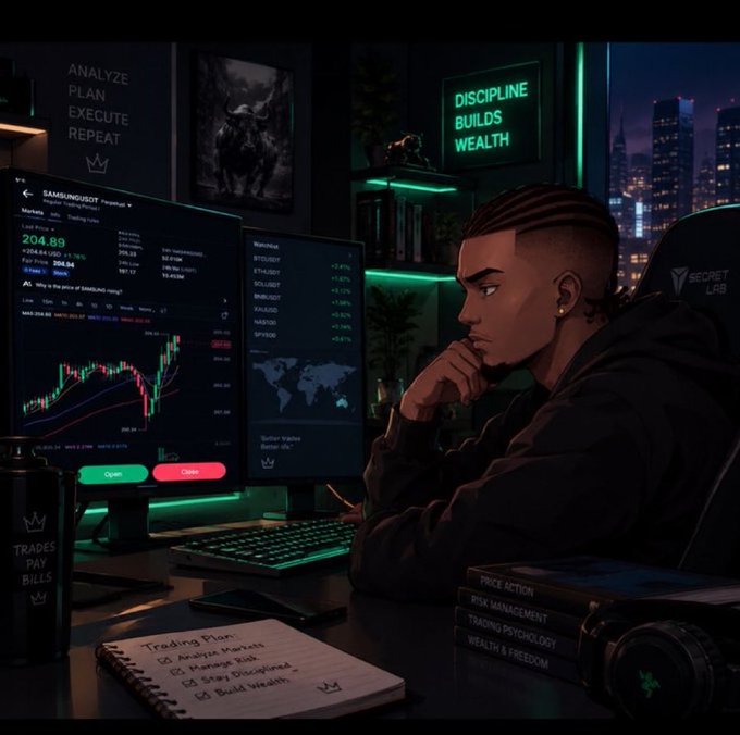 An anime-style digital illustration shows a young trader in a dark room looking at multiple monitors displaying trading charts, with motivational text reading 'DISCIPLINE BUILDS WEALTH' and 'ANALYZE PLAN EXECUTE REPEAT' on the walls.