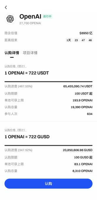 A mobile app interface showing an OpenAI token offering with 1 OPENAI = 722 USDT, showing 27,700 OPENAI valuation and 65,455,090.74 USDT subscription progress.