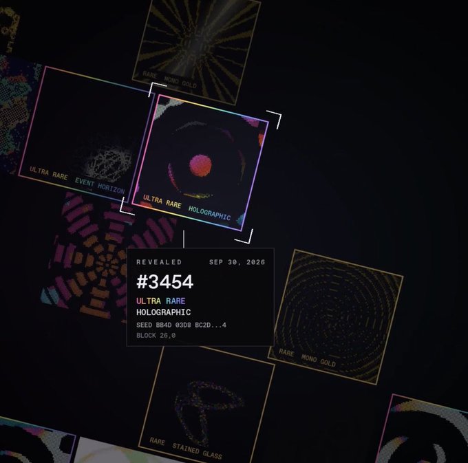 A digital art/gallery interface showing a highlighted 'Ultra Rare Holographic' artwork with seed metadata and block info, surrounded by other rare pieces like 'Rare Mono Gold' and 'Rare Stained Glass'.