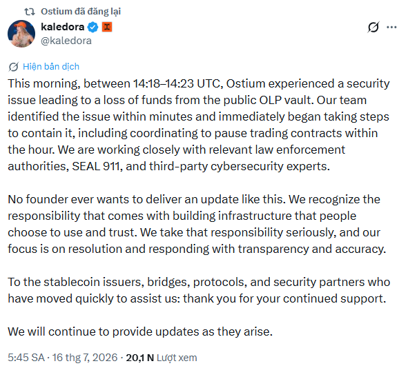 A tweet from kaledora (@kaledora) titled 'Ostium đã đăng lại' announcing a security issue between 14:18-14:23 UTC that caused a loss of funds from the public OLP vault, with the team coordinating with law enforcement, SEAL 911, and cybersecurity experts.