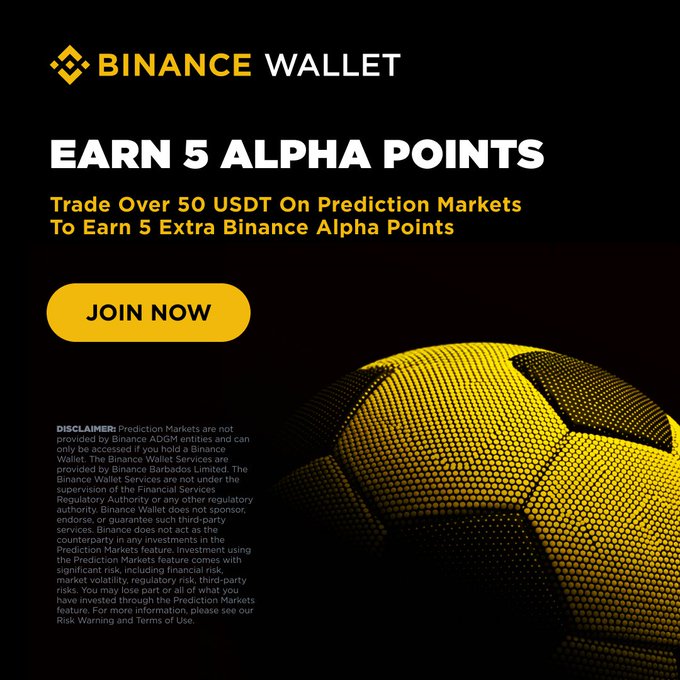 A Binance Wallet promotional banner offers users 5 Alpha Points for trading over 50 USDT on Prediction Markets, featuring a "JOIN NOW" call-to-action and disclaimer text, though the accompanying post criticizes such point-based promotions as meaningless when points expire unused without yielding tangible airdrops.