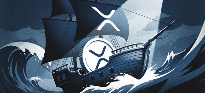 A stylized illustration of a pirate ship with large sails featuring the XRP (Ripple) cryptocurrency logo, sailing through stormy seas.