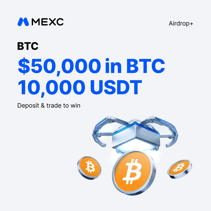A MEXC Airdrop+ promotional graphic featuring the Bitcoin logo and Bitcoin-themed coins with text advertising "$50,000 in BTC" and "10,000 USDT" prizes for depositing and trading during the Bitcoin Party event.