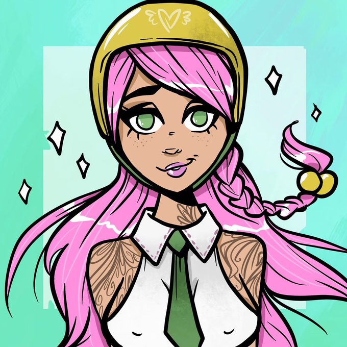 A digital illustration of a character with long pink hair, a yellow helmet, green eyes, and a green tie against a teal background.