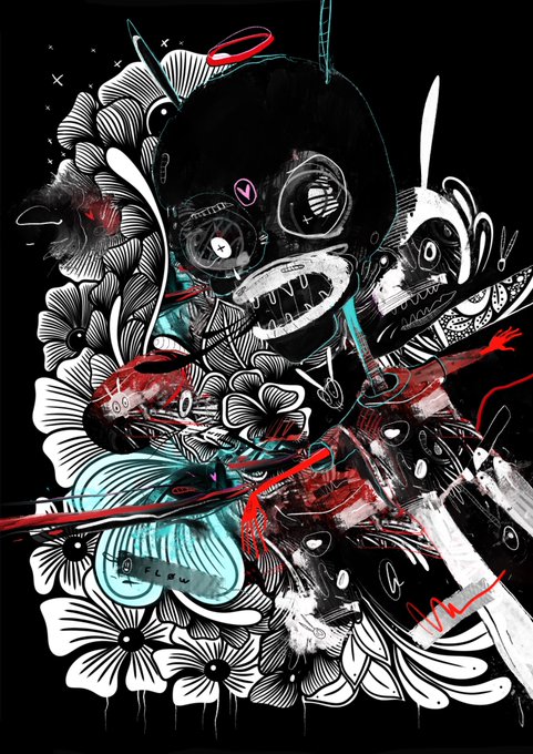 A dark, chaotic digital artwork features a black skull-like figure with teeth and hollow eyes surrounded by intricate white floral patterns, red scribbles, and a small tag reading 'TO FLOW'.