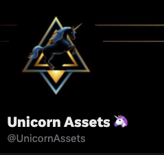 A logo for 'Unicorn Assets' (@UnicornAssets) features a blue unicorn silhouette inside a gold triangle on a black background.