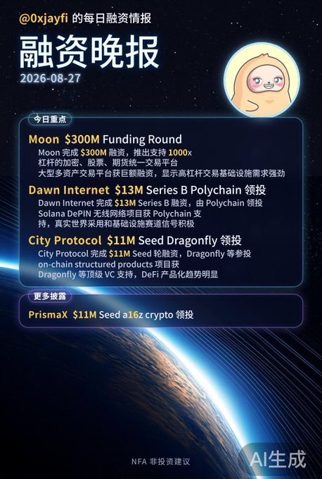 A Chinese-language daily funding briefing ('融资晚报') dated 2026-08-27 from @0xjayfi, highlighting a $300M funding round for Moon, Dawn Internet's $13M Series B led by Polychain, and City Protocol's $11M Seed led by Dragonfly, with a Prismax $11M Seed also disclosed.