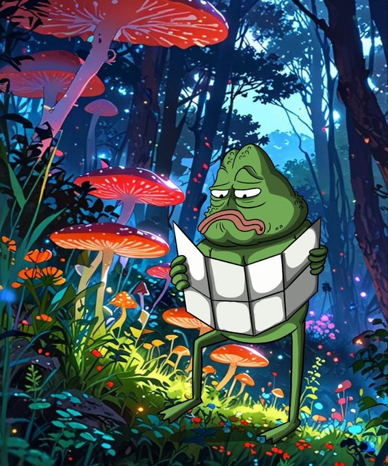 A grumpy green frog stands in a magical glowing forest filled with red mushrooms, engrossed in reading a large white map. The whimsical, vibrant scene is illuminated by bioluminescent lights and surrounded by lush foliage and tall trees.