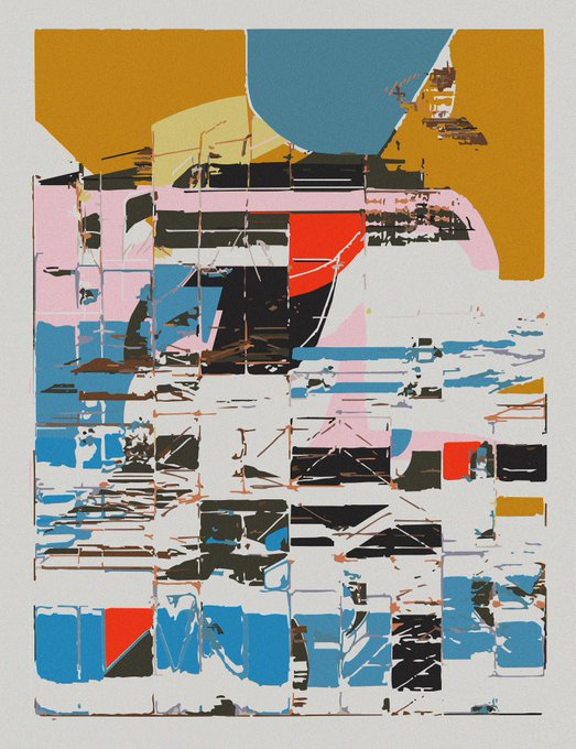An abstract artwork features geometric shapes in mustard yellow, blue, pink, red, and black with textured, painterly strokes.