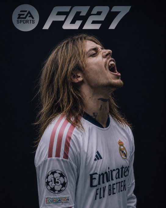 EA Sports FC 27 promotional image featuring a Real Madrid player in the white 'Emirates FLY BETTER' jersey with the '15' Champions League foundation patch, shown shouting passionately.