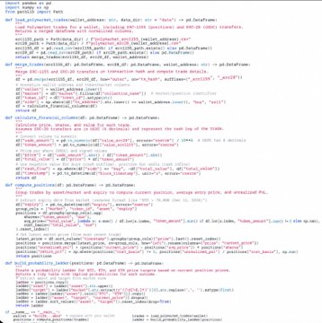 A screenshot of code on a dark background, appearing to be a Python script with functions related to trading or financial data analysis.