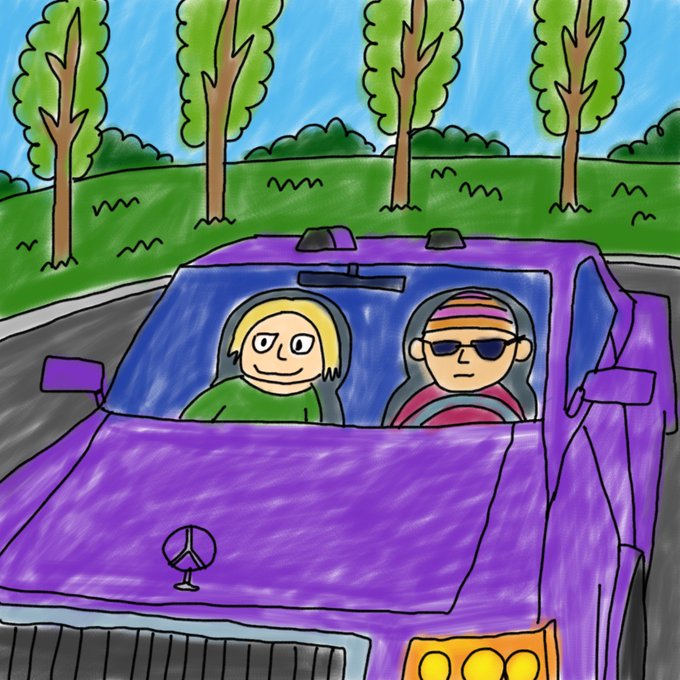 A smiling blonde-haired woman rides as a passenger in a purple Mercedes with a serious driver wearing a beanie and sunglasses. The hand-drawn scene, paired with the caption "Wen," humorously evokes the slang question "wen lambo?" — poking fun at crypto-culture impatience for luxury car deliveries.