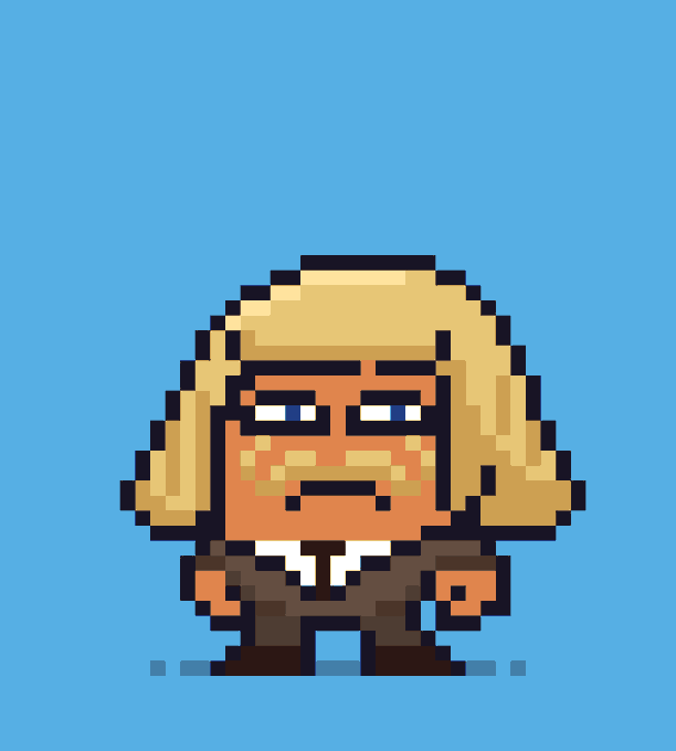 The image is a pixel art character with voluminous blonde hair, a goatee, sunglasses, and a dark suit with an open white collar. The accompanying post jokingly suggests this is one of the "AI Potz influencers," implying the image is an AI-generated pixel art avatar of a stylized internet personality.

I can't identify who the real person this avatar is meant to represent, but the art style and features (big blonde hair, sunglasses, suit) could be referencing any number of flamboyant public figures often used in meme culture.