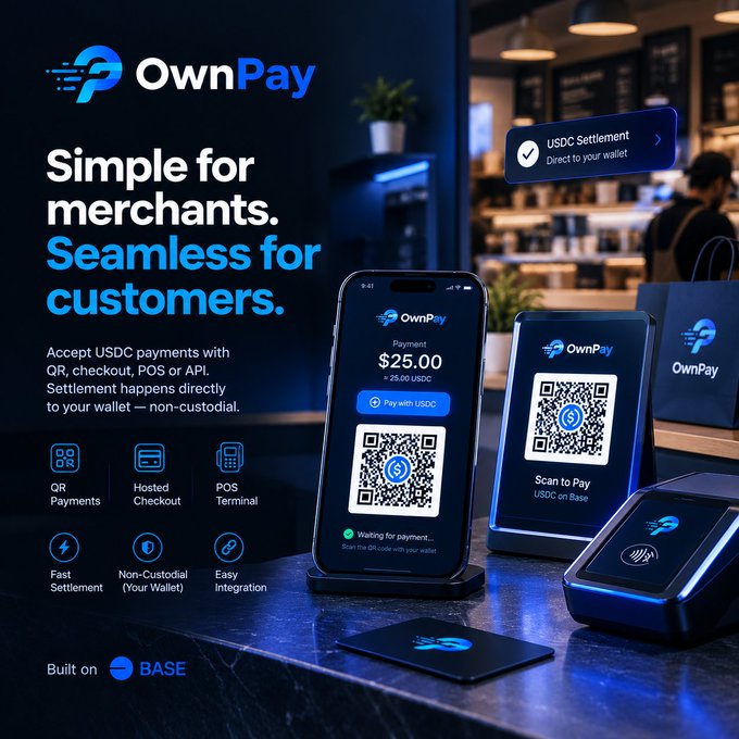 An advertisement for 'OwnPay' states 'Simple for merchants. Seamless for customers' and highlights features like QR payments, hosted checkout, and POS terminal, showing a phone displaying a $25.00 USDC payment QR code and a 'Built on BASE' logo.
