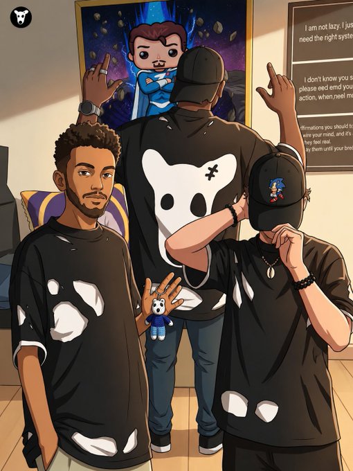 The image features two men wearing black t-shirts with white designs or logos, standing next to each other. One man has a small stuffed animal attached to his shirt, while the other one does not have any objects on their shirts. The scene takes place in front of a poster that says "I am not bored I just know what you want".