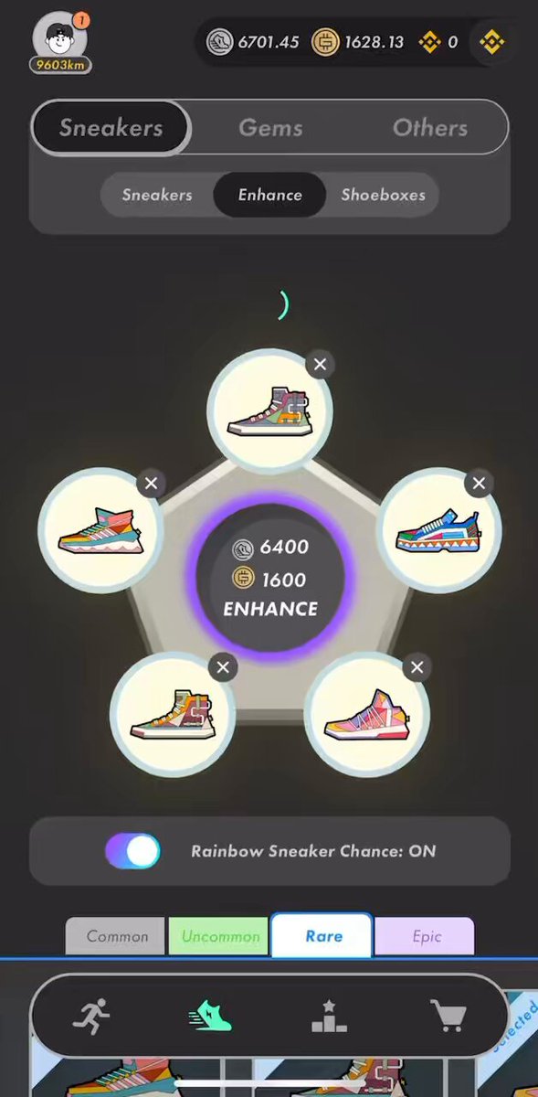 The image shows a phone screen displaying an app called "Rainbow Sneaker Changer" with five different sneakers arranged around a circle, each with a unique color and design. The app has a rating system for the sneakers, which includes stars and numbers indicating their quality or popularity. The post also mentions that the app is free to use and can be used on any device.