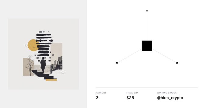 An NFT auction interface showing artwork of a striped figure and a cityscape on the left, with a bidding diagram on the right indicating 3 patrons, a final bid of $25, and winning bidder @hkm_crypto.